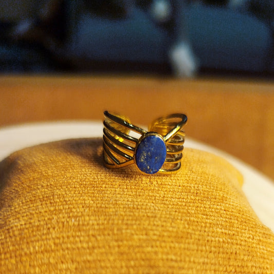 Bague Acier doré, Lapis-lazuli