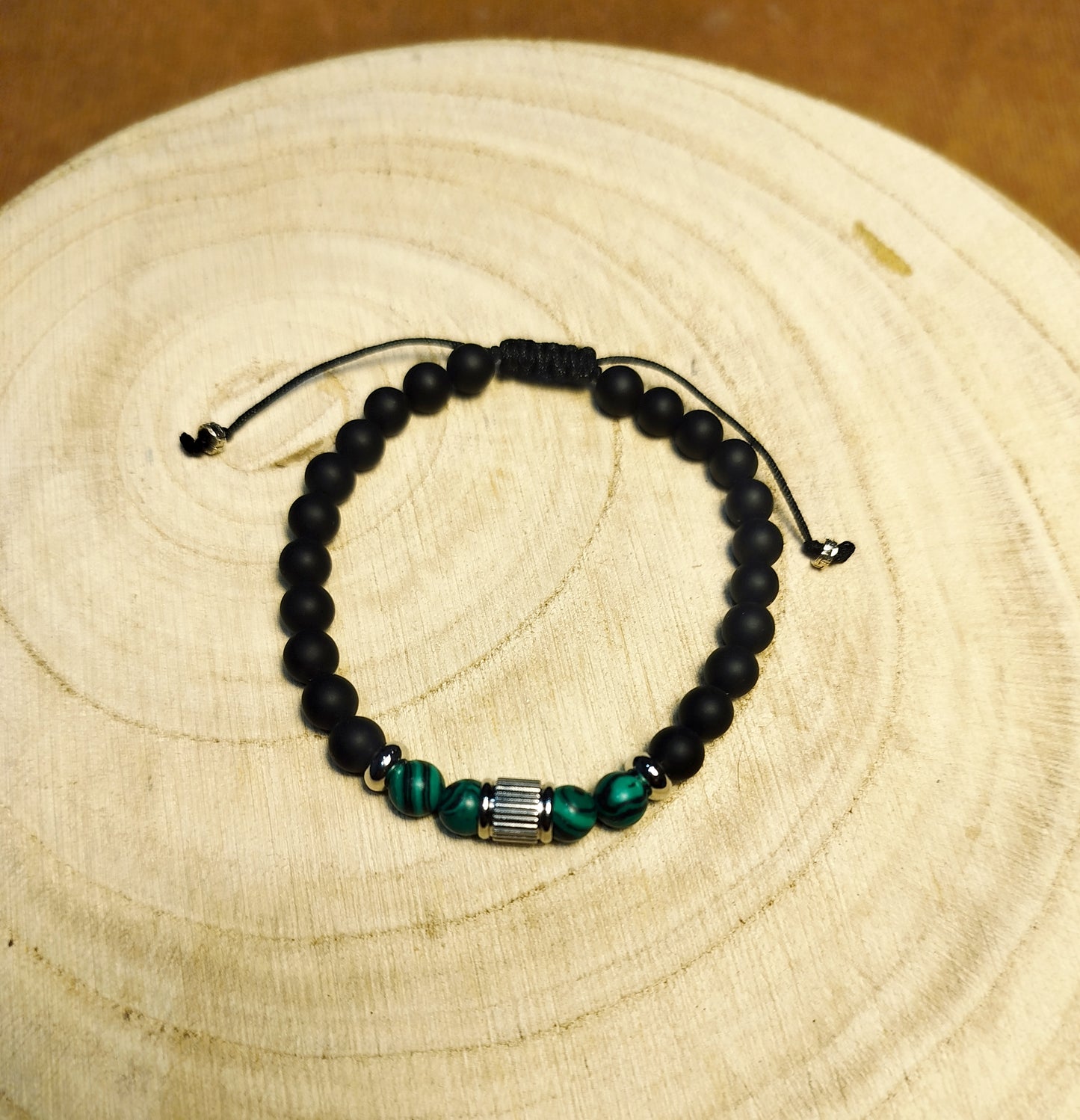 Bracelet macramé perles Onyx et Malachite