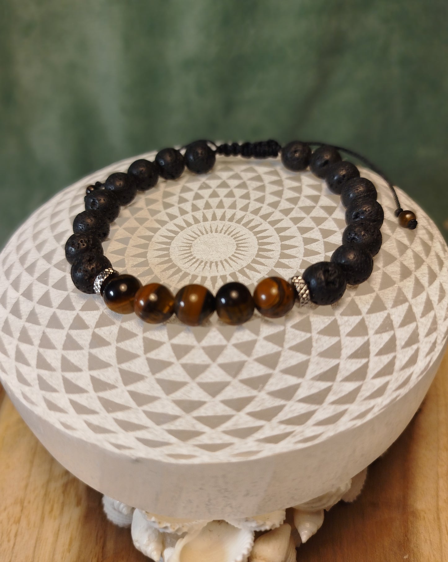 Bracelet perles oeil de tigre et pierres de lave, acier