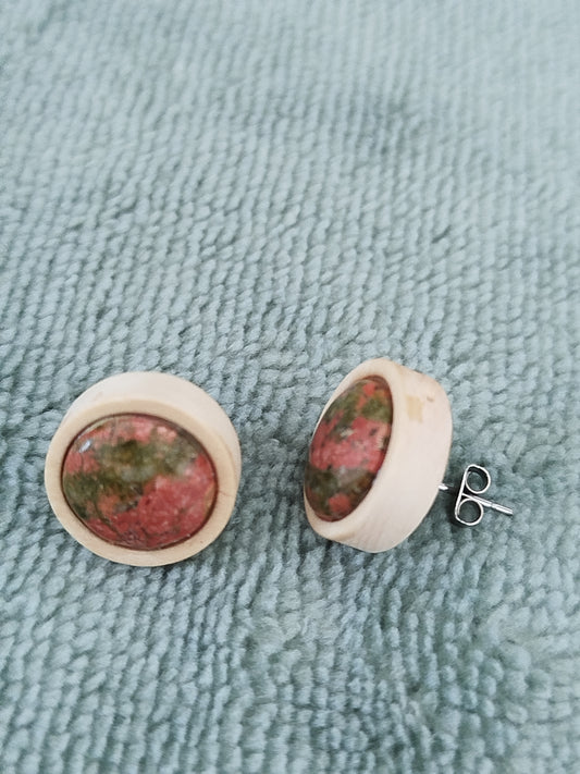 Boucles d'oreilles Acier-Bois et Unakite