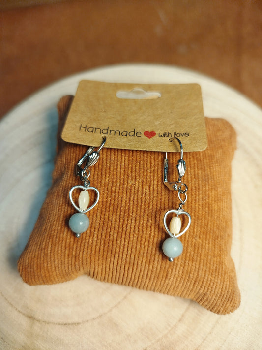 Boucles d'oreilles dormeuses argentées, perles Amazonite et nacre