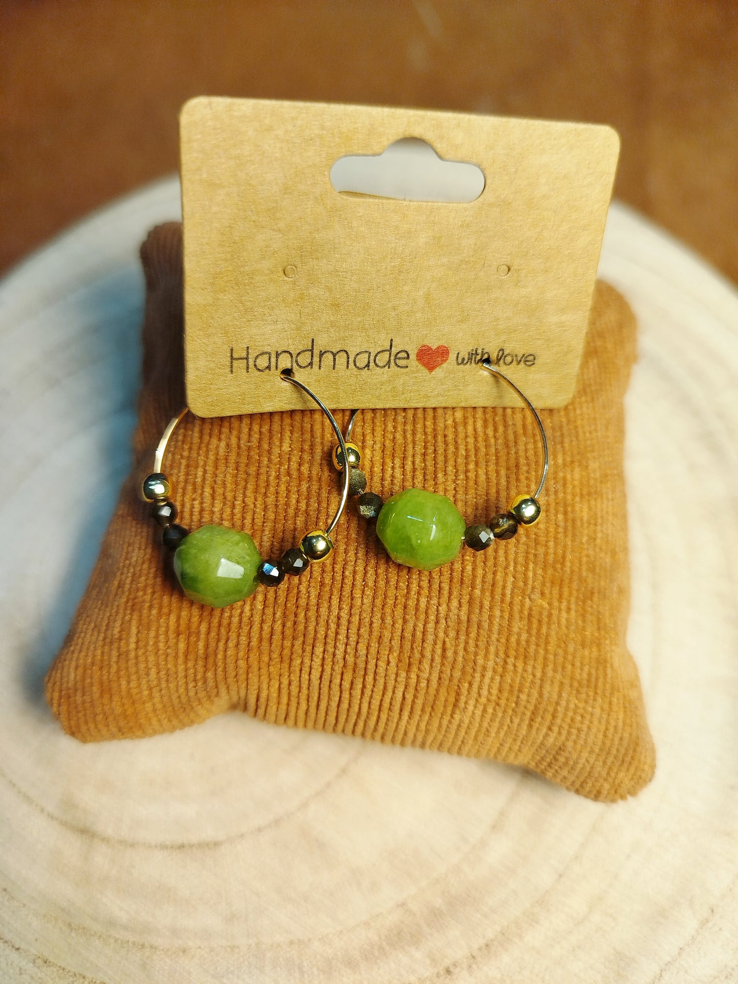 Boucles d'oreilles créoles dorées et Jade