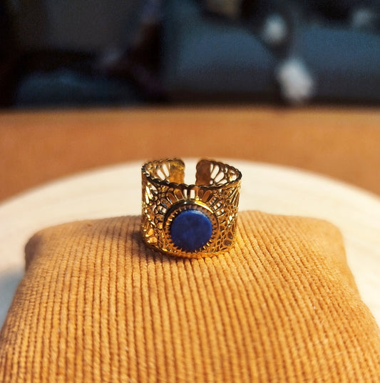 Bague Acier doré, Lapis-lazuli