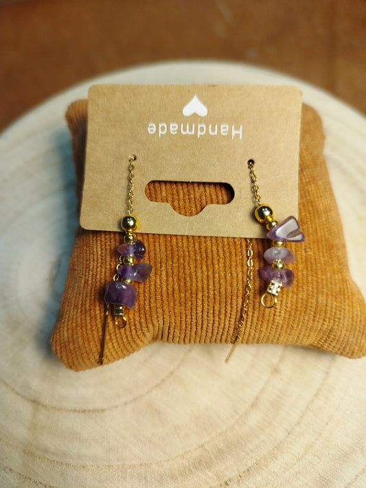 Boucles d'oreilles chaînes dorés et perles Améthyste