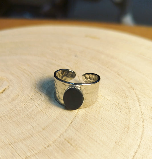 Bague acier argenté et Onyx