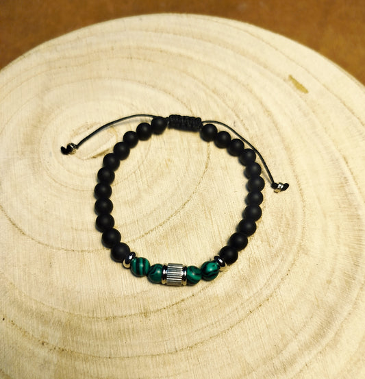 Bracelet macramé perles Onyx et Malachite
