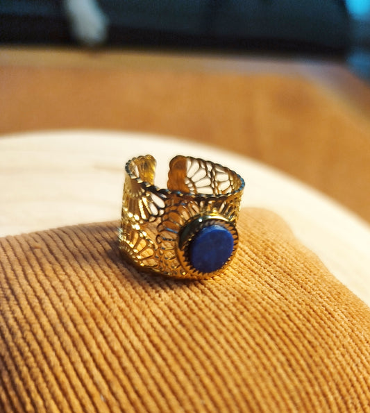 Bague Acier doré, Lapis-lazuli