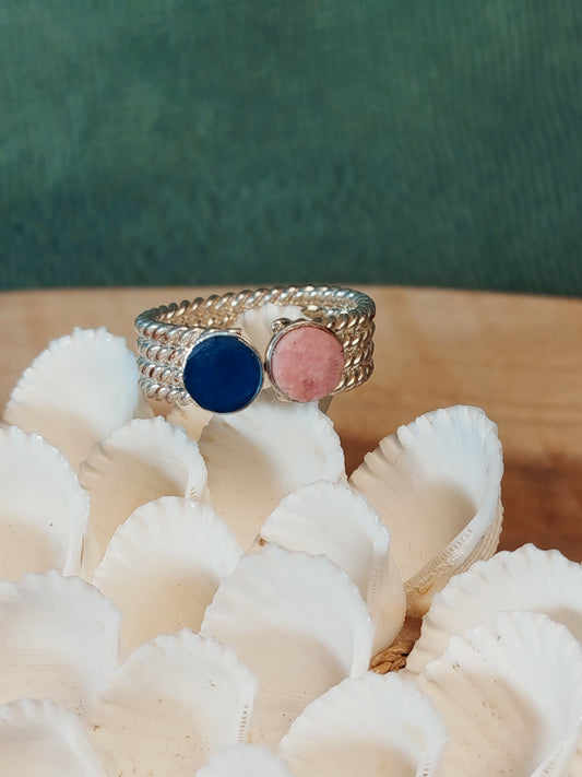 Bague acier argenté, Lapis Lazulli et rhodochrosite