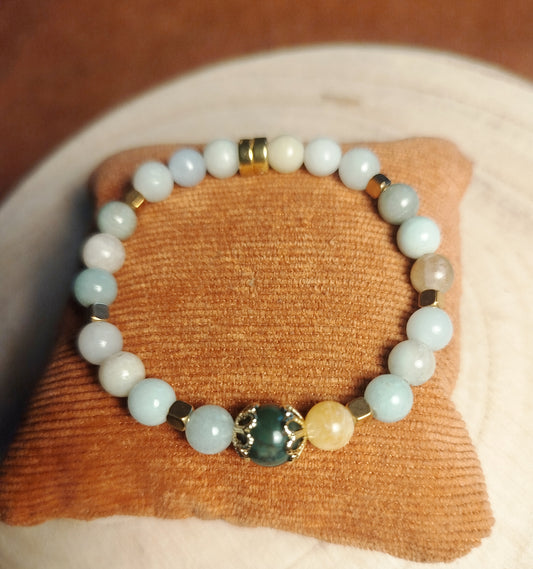 Bracelet élastique avec perles Amazonite et Agate mousse