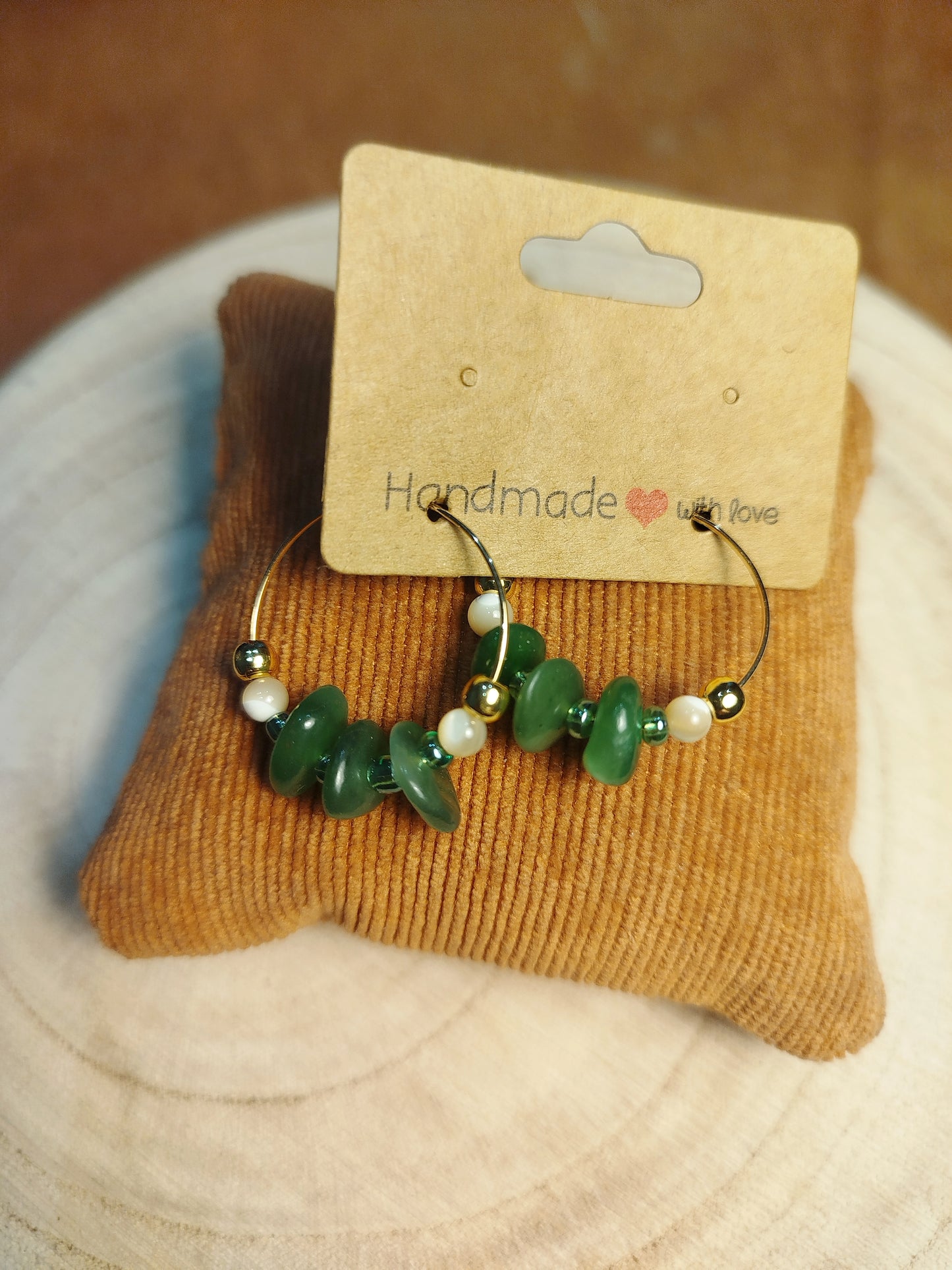 Boucles d'oreilles créoles dorées et Jade